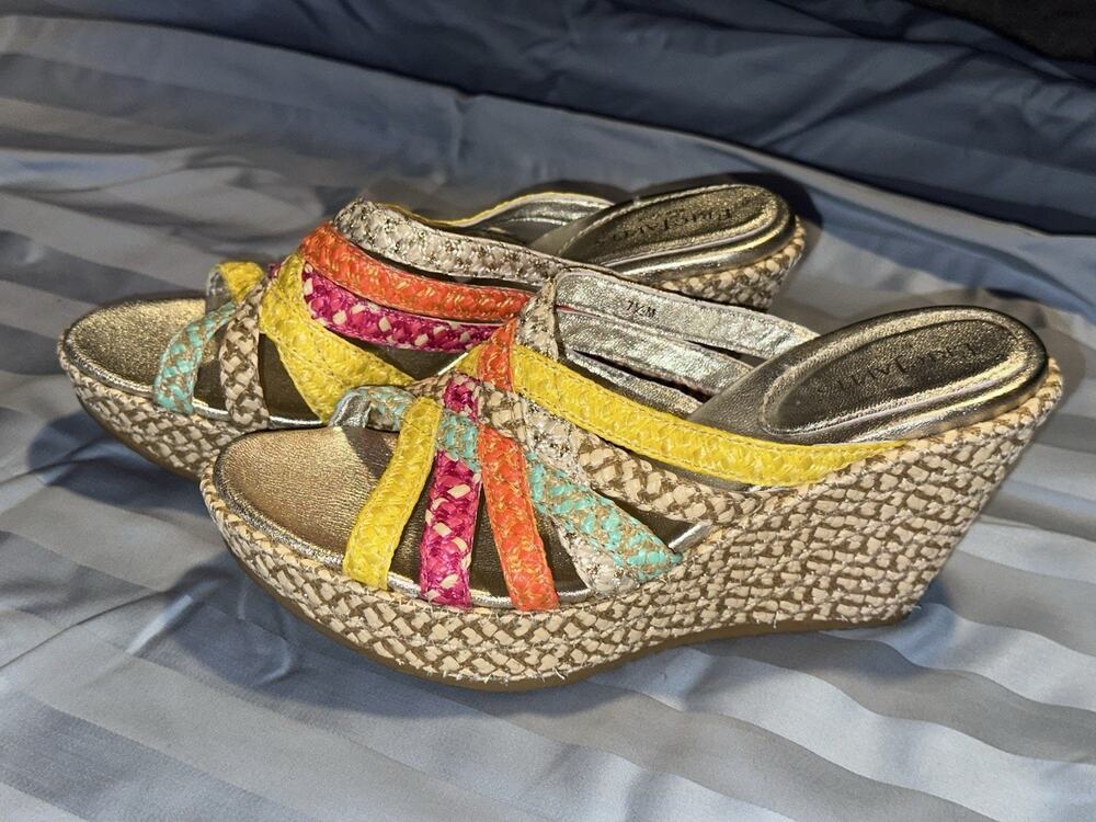 Eric Javits Edy Raffia Woven Wedge Sandal Heels in Multicolored 7.5M